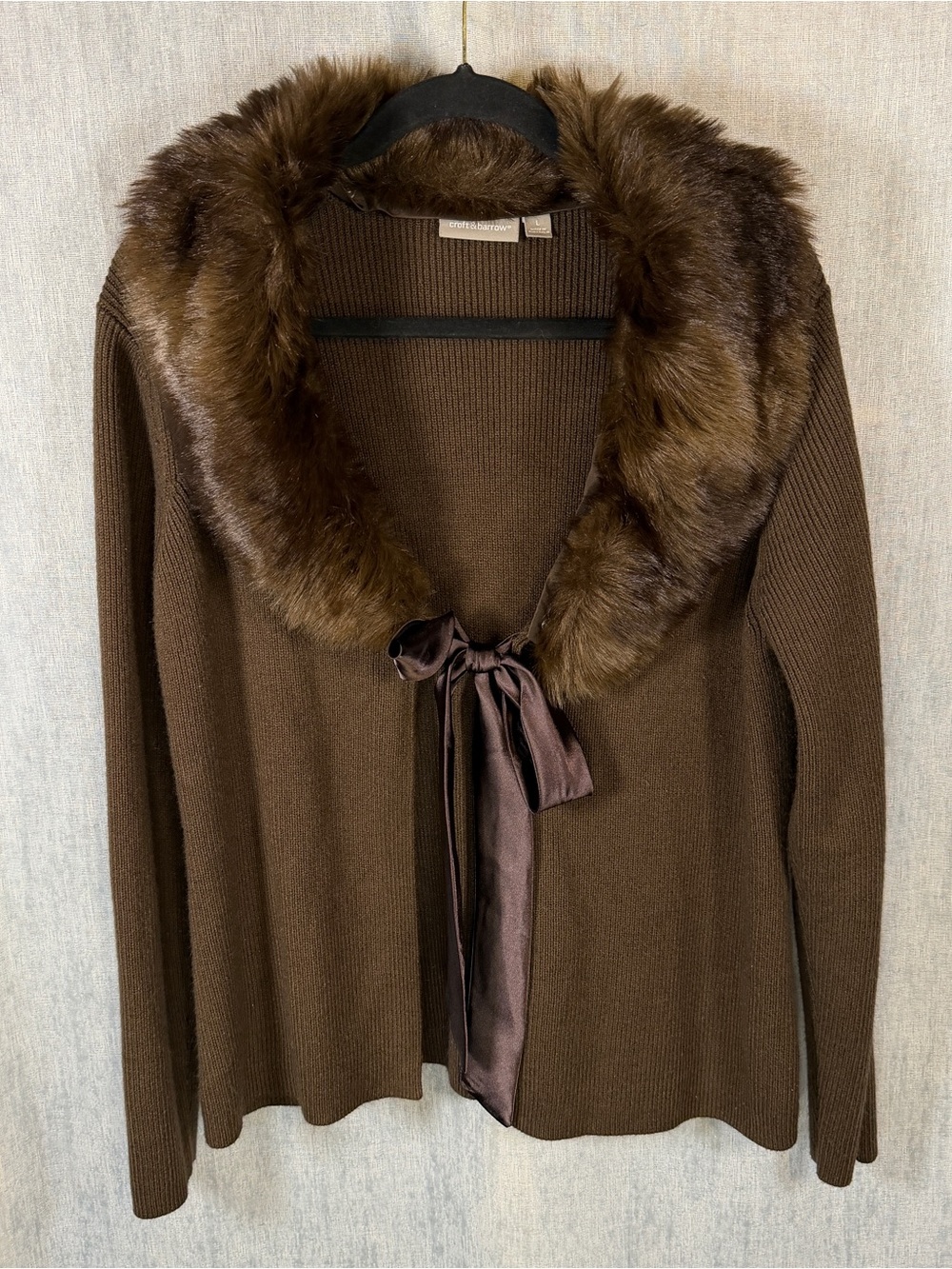 Croft & Barrow Removable Faux Fur Collar Tie Front Cardigan Sweater Large Brown